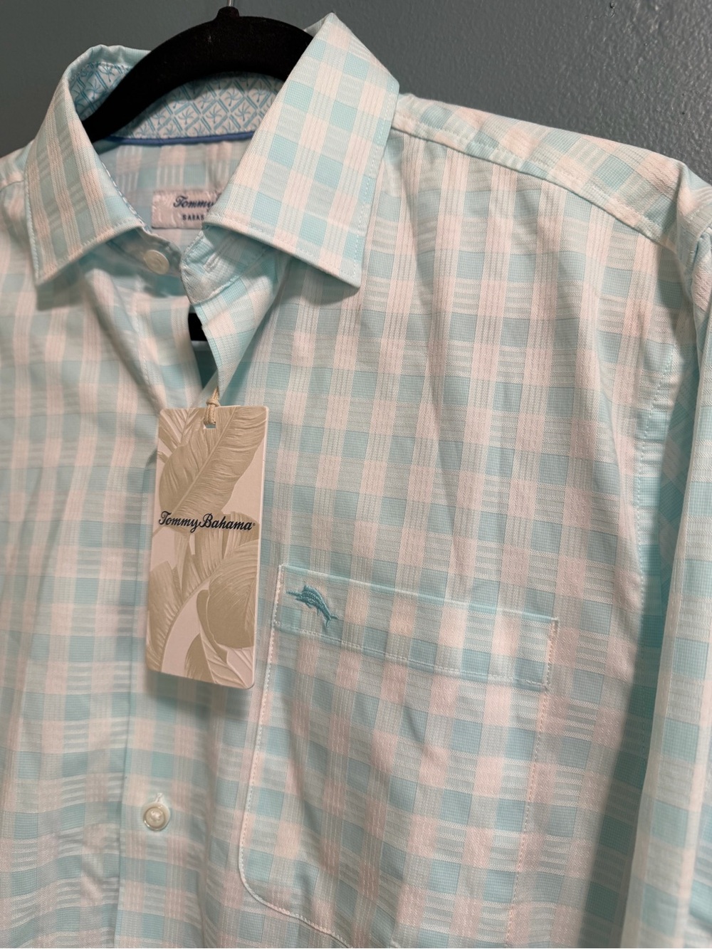 Tommy Bahama Sarasota Stretch Nuevo Check  Camp Aqua Blue Plaid Shirt Men’s XS